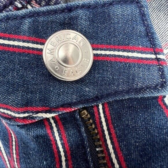 American Eagle Women's Mini Skirt Sz 10R Stretch Hi-Rise Raw Hem Stripe Blue Red - Picture 8 of 14